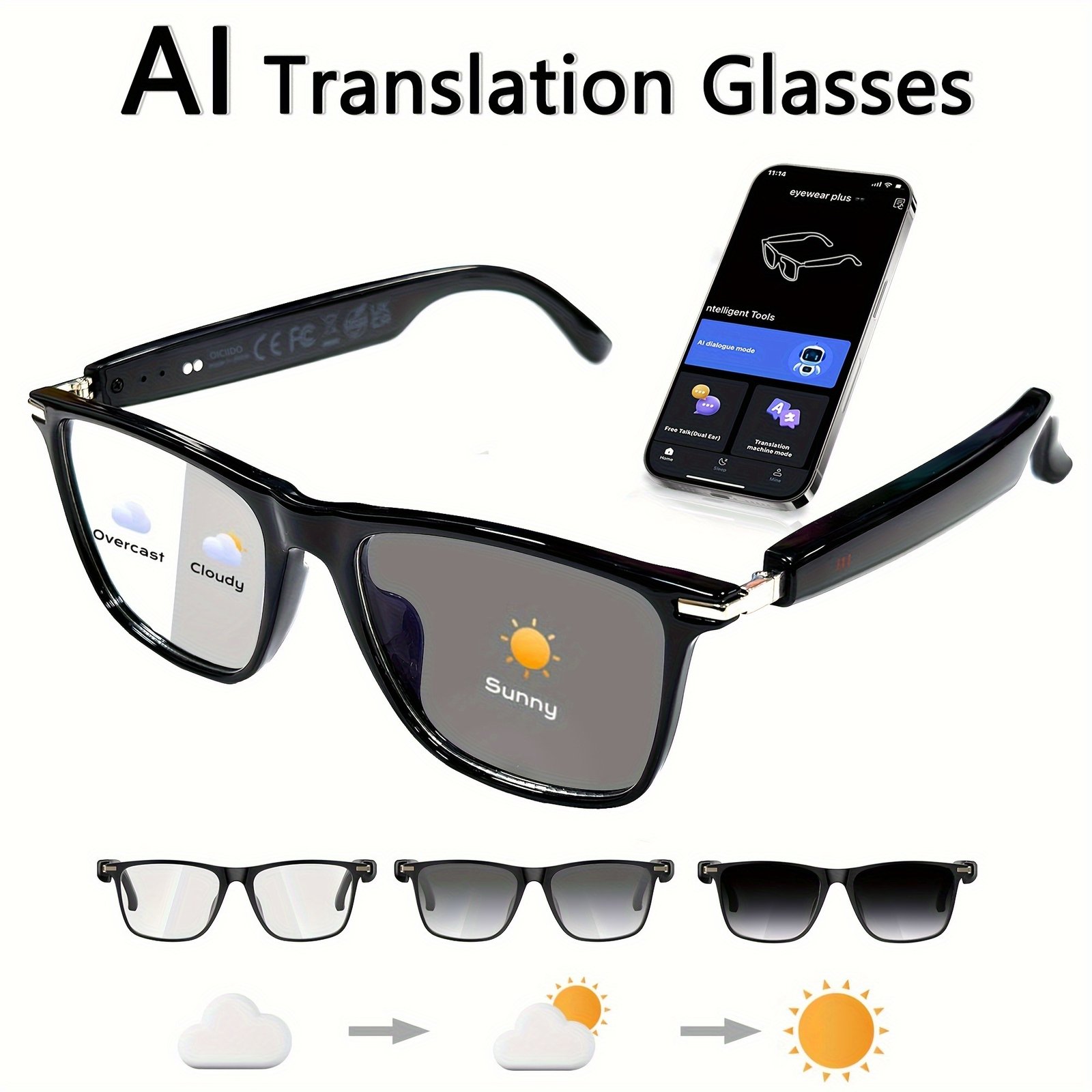32e89424-8f57-487b-8210-42199325802f.jpg AI Smart Glasses, Smart Glasses with 160 Languages Real Time Translation Support, Chat GPT System, OICIIDO New Multi-functional Audio Glasses for Men And Women, Built-in Microphone And Speaker, HD Voice Calls And HIFI Music Quality, Music Playback And Hands-Free Calling, Physical Color Changing Lens, High Quality, Suitable for Comfortable Riding, Safe Driving, Fun Fishing, Relaxing Travel And Daily Office Wear, Holiday Gift - Image 1