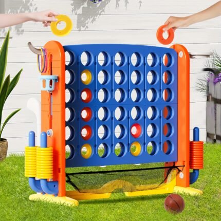 Giant 4-in-a-Row Game with Height Adjustment (2.6ft-3.2ft) - Extra Large Connect Four Board with Quick-Release Slider & Storage Pocket - Heavy-Duty Indoor/Outdoor Family Party Game for, Adults, Birthday Party - Birthday Gift for Boys & Girls Ages 3+ - Includes All Accessories (Balls, Rings,) - Easy Assembly & Smooth Edges - Perfect for Backyard, Park, or Home Play, Board Games for, Games for Birthday Party
