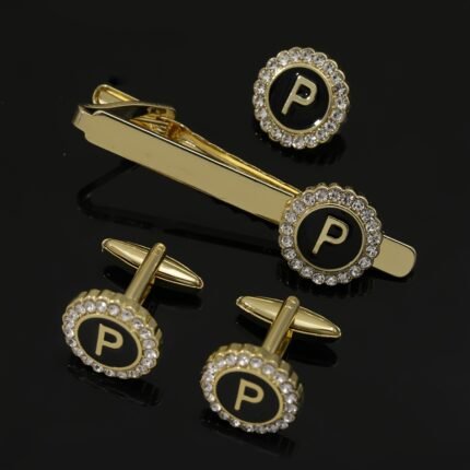 Complete Set of Four High-end Fashion Men's Tie Clips, Cufflinks, Brooches, 26 Capital Letters Series, Alloy Drip Style