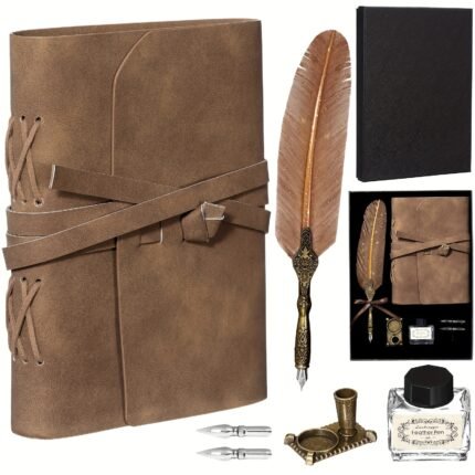 6pcs Vintage Leather Bound Journal Feather Pen Set Gifts 220 Pages Vintage Journal Diary Leather Notebook Feather Pen In Gift Box Back to School Supplies for Men And Women (Brown)