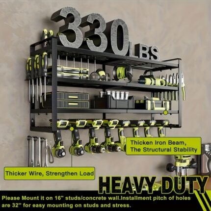 Heavy-Duty Metal Tool Organizer Rack - Wall-Mounted Garage Workshop Storage Shelf with Drill Hanging Slots, Tool Slots - Space-Saving Garage Organization System - Ideal Father's Day Gift for Dad, DIYers, Professionals - Powder-Coated Black Finish for Workshop, Construction Sites, Garage Tools, Wallmounted Tool Holder, Organized Tool Access, Robust Construction, Storage Racks