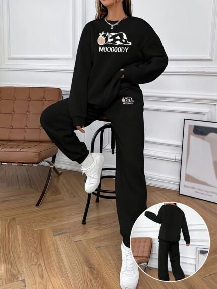 Cow Print Two-piece Set, Casual Crew Neck Long Sleeve Sweatshirt & Fitted Bottom Pants Outfits, Women's Clothing