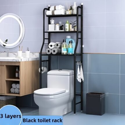 3-Tier Over The Toilet Storage, 1pc Space Saver Metal Bathroom Shelves, Freestanding Above Over Toilet Storage Shelf with Hooks for Bathroom, Black, White, Washing Machine Overhead Shelf