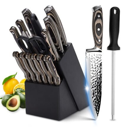 Kitchen Knife Set, 15pcs Knife Set With Block Wooden, Self Sharpening For Chef Knife Set, Medium Carbon Stainless Steel Hammered Collection Knife Block Set With Steak Knives, Boxed Knife Set, Black/Wooden
