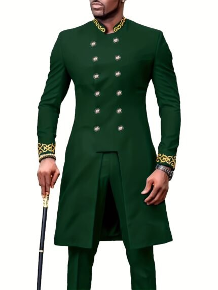 Dashiki Men'S Long Sleeve Suit, Round Neck, Button- Cardigan With Pockets And Split Hem, Embroidered Drawstring Pants, 2pcs Casual Shirt And Trousers Set For All Seasons, Street Style, Wedding Wear, Black