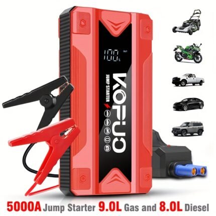 KOPUO 5000A Car Battery Jump Starter(2.38gal Gas/2.11gal Diesel)Portable Car Jump Starter Battery Pack/box, 12V Car Battery Jumper Starter with Safety Jumper Cables, Fast Charge, Lights, Compact