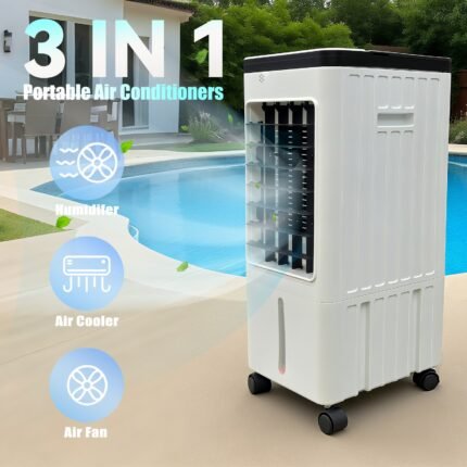 3-in-1 Outdoor Air Cooler, Humidifier & Misting Fan with 2.9Gal Large Tank, Quiet Operation, Remote Control, 45° Wide-Angle Oscillation, 2500 RPM High-Speed Fan, All-in-One Portable Cooling System for Patio, Garden, Deck, Indoor/Outdoor Use - White with Black Top & 4-Wheel Mobility, Energy-Efficient Air Circulation for Large Areas, Ideal for BBQs & Lounging, Cooling Fan With Ice Cube, Evaporative Air Cooler