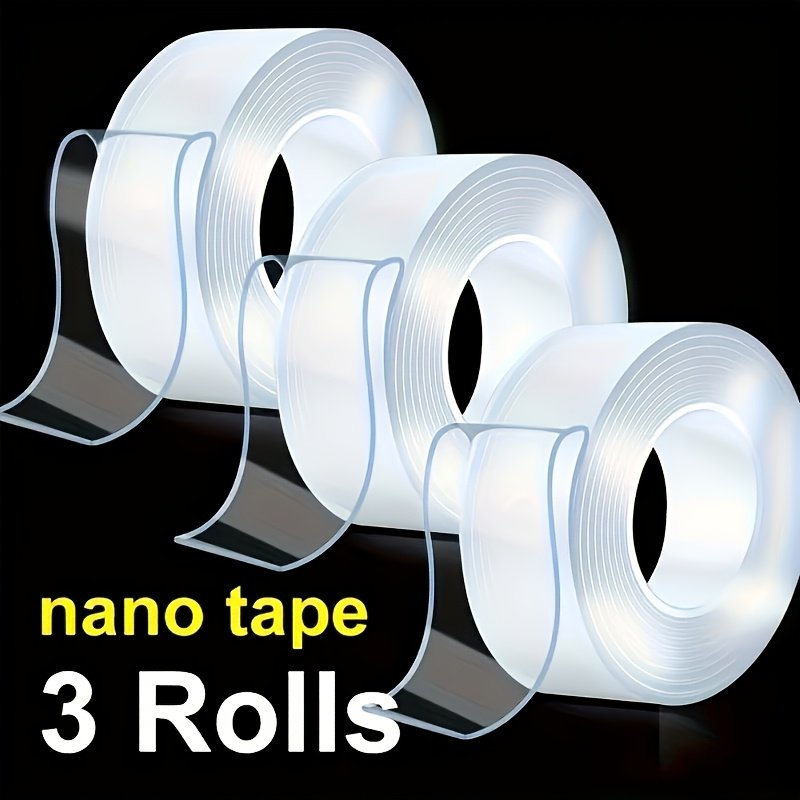 380ed72c-9943-48c7-a507-60a0dd8deba8.jpg 3 Rolls Heavy-Duty Nano Double-Sided Tape - Reusable, Scratch-Free, Washable Strong Adhesive Strips - Waterproof, Holds 2.2lbs+ - for Home, Office, Car, Valentine’s Day Decor on Plastic/Glass/Metal Surfaces, Car Mounting | Shiny Reflective Surface - Image 1