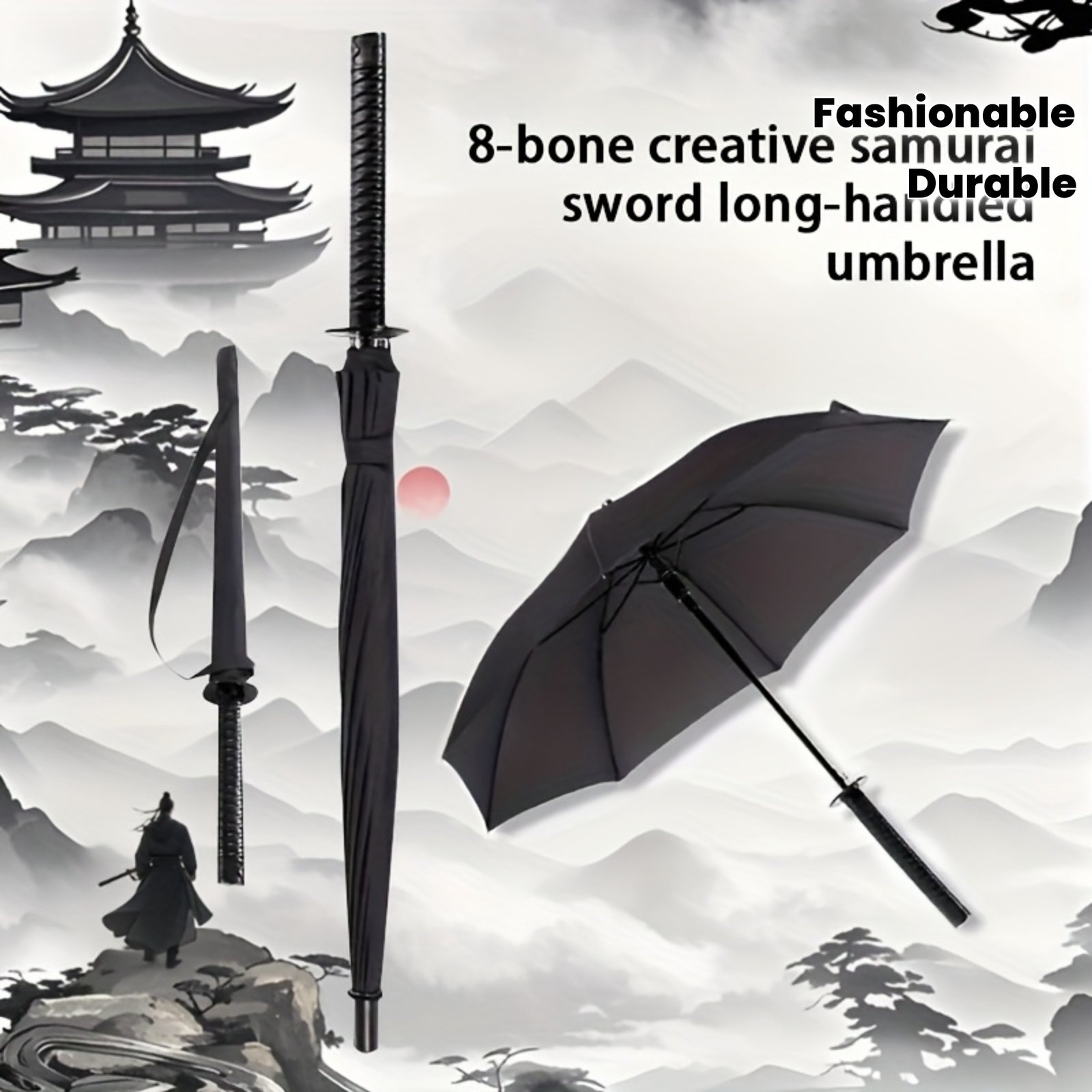387d6e535377eca1058a454081148508.jpg 8-Bone Creative Samurai Sword Long-Handled Umbrella - Windproof Automatic Open Umbrella with Durable Carbon Fiber Ribs & Steel Shaft, Black for Men & Women, Perfect for Cosplay & Outdoor Use Cosplay Accessory, Stylish Accessory, Carbon Fiber Ribs - Image 1