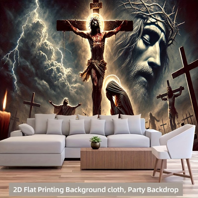 38902dfe-52b8-4d94-9adc-de8790f9405b.jpg 2D Flat, 1pc Large 71x91 Inch Religious Wall Hanging - Crucifixion Scene with Crown of Thorns, No Electricity Needed, Easy Hang Backdrop for Christmas, Easter, Weddings, Home, Church, Party Decor - Durable Polyester Fabric Banner for Indoor/Outdoor Decoration, Wall Frame Decoration, Living Room Wall Pictures, Wall Decoration For Home, Framed Pictures For Immediate Hanging, Poster, Decorative Wall Frame, Wall Pictures - Image 1