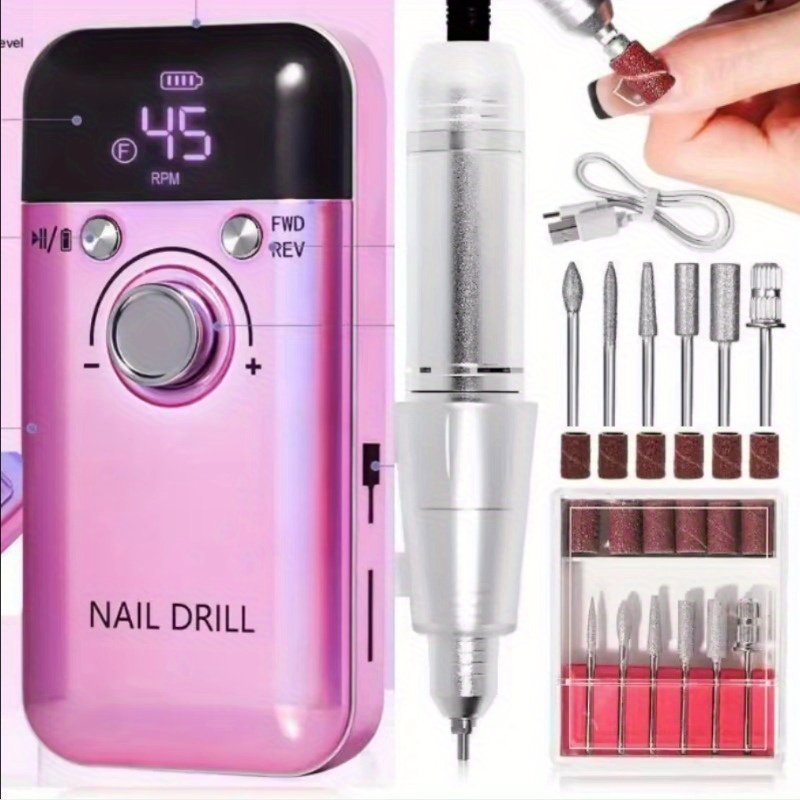 38aaaa6dc0684d2e9cac643312d571af-goods.jpeg Professional 45000RPM Rechargeable Electric Nail Drill Kit - USB-Powered Portable Nail File with 2000mAh Battery, 40000 RPM Speed & LCD Display for Acrylic Nails, Gel Polishing, Removing - Hypoallergenic Design for Salons & Home Use, Nail Tech Accessories, Salon Equipment, Sleek Device, Durable Plastic Body, Highquality Electronics - Image 1