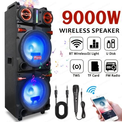 Peak 9000W 10" Dual Speaker System Built In BT for Wireless Connection, LED Party Lights, FM Radio, AUX/Microphone Inputs - Portable PA System for Parties, Karaoke, DJ (Includes Wired Mic), Portable Wireless Speaker, Microphone Input Speaker, Portable Party Sound System, Party Speaker with Lights, Fm Radio Speaker, Dual Cone Configuration, Integrated Lighting System, Clear Sound Quality, Enhanced Low Frequency, Dj Equipment Beginners, Party Hosts