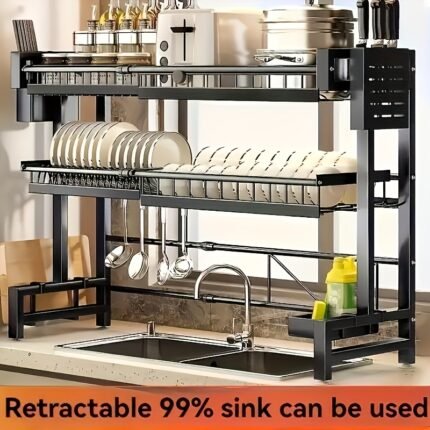 Expandable Heavy-Duty Kitchen Organizer with Dish Rack, Drainage Tray, Spice Shelf, Towel Holder, Utensil/Basket/Knife/Cutting Board Holders - Space-Saving Over-the-Sink Rack, Adjustable Width (30-33.9"), Compact Under 27" Height, Easy Assembly - for Small Kitchens, Dish Drainer, Countertop Organizer, Kitchen Rack