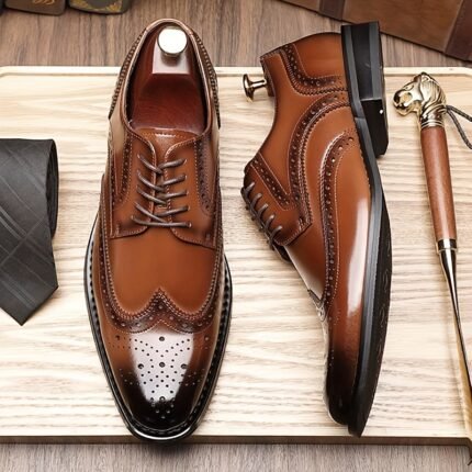 Men'S Vintage Wingtip Oxfords - Handcrafted Genuine Faux Leather Dress Shoes for Business & Casual, Brown Brogue Derby Shoes with Smooth Finish & Comfortable Lining, Vintage Shoes