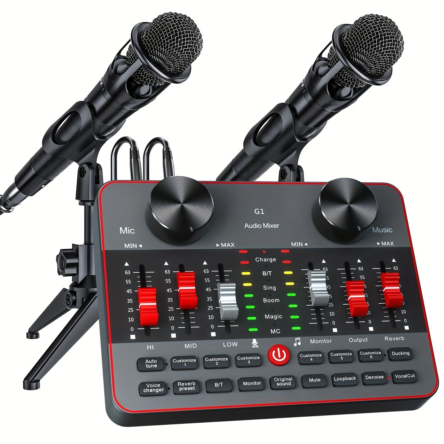 3ad34c0a-a315-4159-9b39-41a3ee327808.jpg Podcast Equipment Bundle, All-in-One Audio Interface DJ Mixer with 2 Condenser Microphones, Recording Studio Kit Live Sound Card for Singing Broadcast, Live Streaming, Gaming - Image 1