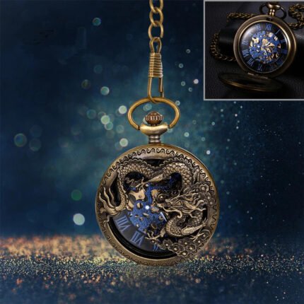 Men’s Dragon Pocket Watch | Automatic Mechanical Skeleton Watch | Steampunk Retro Design with Visible Movement | Chain Included Classic Timepiece for Men | Collectible Gift for Father’s Day, Birthday, Anniversary, Christmas