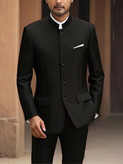 Men'S Classic Solid Color Tang Suit Jacket - Single-Breasted Long Sleeve with Pockets, Stand Collar, Regular Fit for Spring/Fall, Formal Attire, Sophisticated Style, Nonstretch Fabric