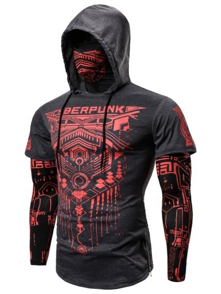 Cyberpunk-Inspired Men's Hooded Shirt with Face Mask - Geometric Pattern, Stretch Polyester, Machine Washable - Perfect for Outdoor Activities & Halloween, Fits All Seasons