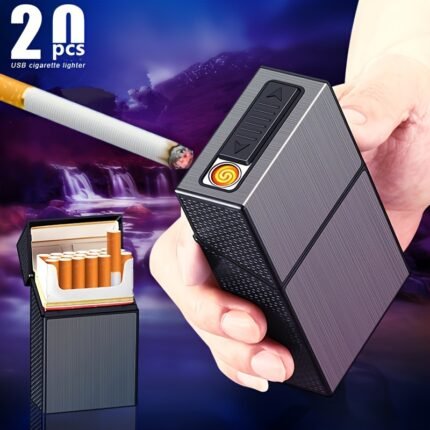 All-Black Rechargeable Lighter with Integrated Cigarette Case, Windproof, Holds 20 Cigarettes, Pressure-Resistant, Moisture-Proof, Flip-Top Lighter Case, Stylish for Business and Casual Use