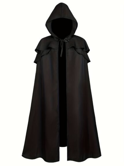 Men'S Gothic Black Cape Hooded Cape with Ruffled Cuffs - Loose Fit Medium Thickness Halloween Costume for Cosplay, Themed Parties & Casual Wear, Halloween Costumes, Themed Event Attire, Durable Fabric