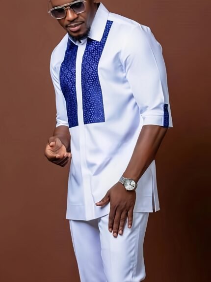 African ethnic style Men's casual suit printed shirt hem slit and rubber pants 2pcs set