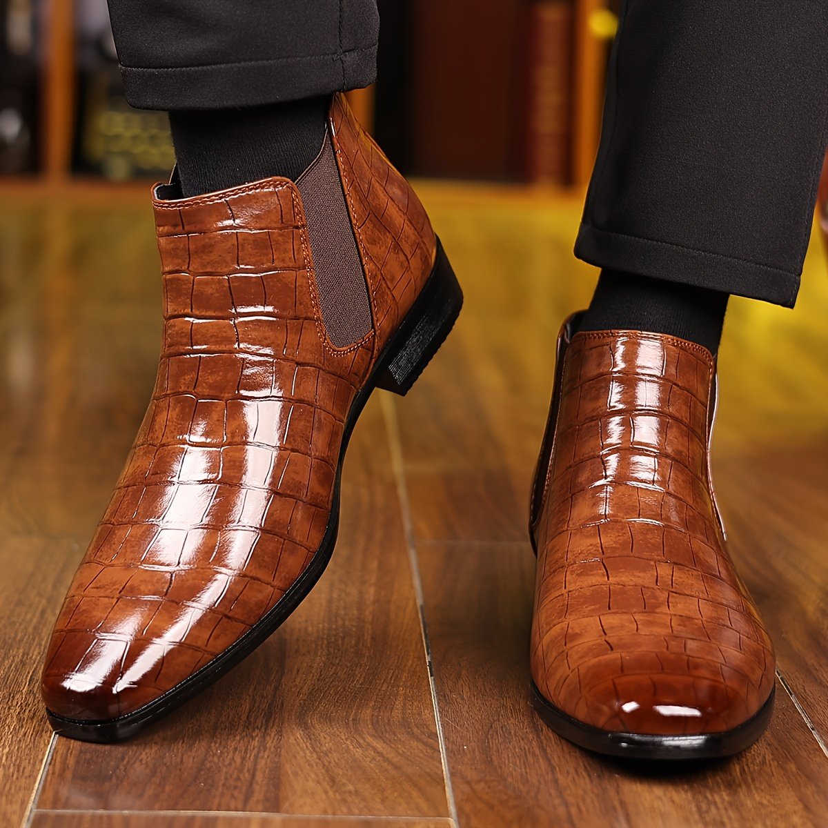 3c98980f-28df-48ee-bfad-d604d3358b3b.jpg Men's Slip-On Checkered Boots - Formal to Casual All-Season Shoes, Glossy Black, Cushioned PU Insole & Non-Slip Sole for Office, Parties, Casual Attire - Durable -like Boots, Party Shoes, Retro Design, Comfortable Fit, Stylish Footwear, Fashionconscious Men - Image 1