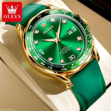 OLEVS Men'S Glossy Quartz Watch - Luxury Business Casual, Classic Green Dial with Date Calendar, Silicone Strap, Round Case, Battery Operated (Button Cell) for Everyday & Formal Wear, Formal Timepiece, Elegant Timepiece