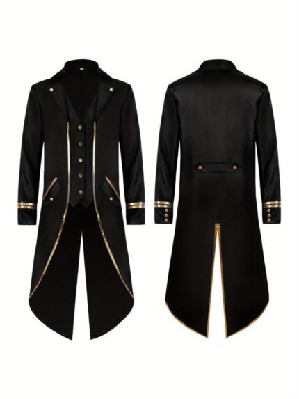 Men'S Steampunk Victorian Gothic Tuxedo Jacket - Slim Fit Black Costume Coat with Golden Button Details, Long Sleeves & Lapel Collar for Gothic Fashion & Themed Parties, Gothic Fashion Jacket, Themed Party Attire, Vintage Aesthetic, Sleek Texture