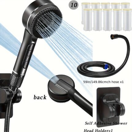 New Handheld High-Pressure Shower Head - Ionic Rainfall Showerhead, 59-Inch (Approx. 150cm) Stainless Steel Hose, Suitable for Hard Water | 3 Spray Modes with 10 Replaceable Filters