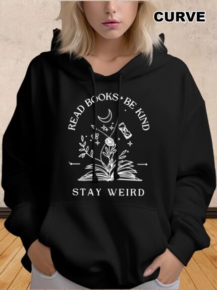 Plus Size Hoodie For Women Sweatshirts Book Printed With Drawstring Fall Winter Season Clothing For Everyday Wear 550g