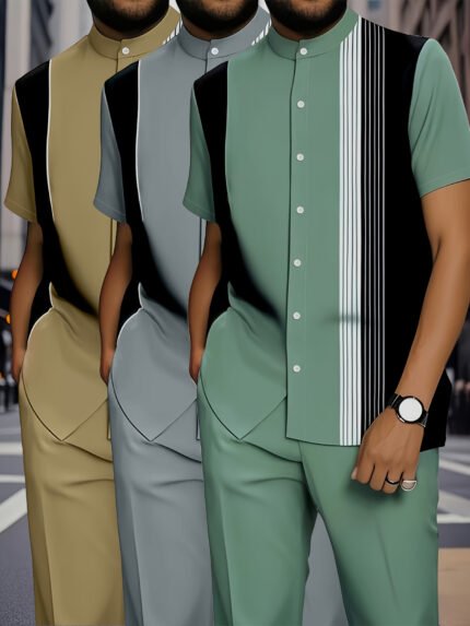 3 sets of sets, European and American Men's casual sports short-sleeved shirt loose trousers suit button stand-up collar new style striped design, easy and comfortable to match, suitable for giving friends gifts and the same sports suit for Christmas