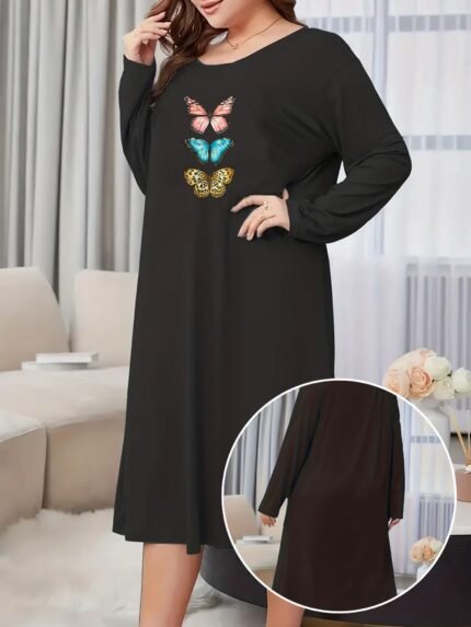 Large Size Women's Casual Three Butterfly Comfortable and Cute Long Dress with Pop Print Home Women's Pajama Dress
