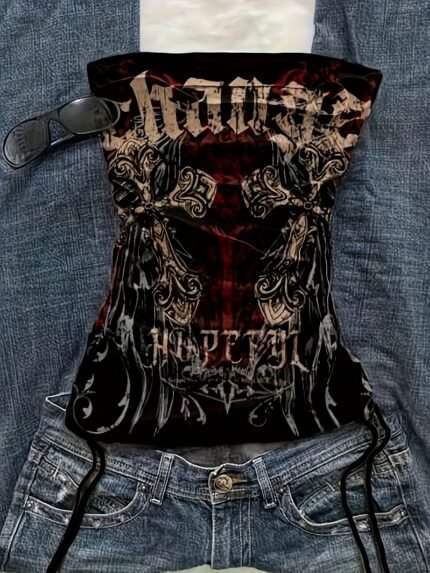 Gothic Style Hot Girl Dress! Dark Print Camisole with Drawstring Waist, Body-Hugging Design, Unique Pattern, for Teenager