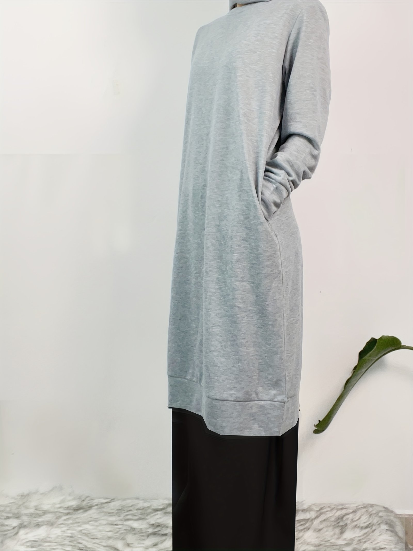 3db92e73ef7e8e7379ac3cc4a33a98ad.jpg Ramadan Solid Crew Neck Pockets Dress, Versatile Long Sleeve Sweatshirt Dress For Fall, Women's Clothing - Image 1