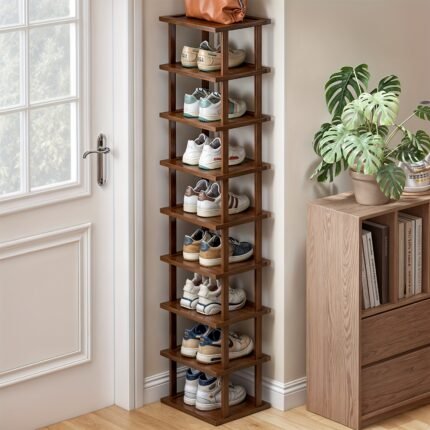 9-Tier Bamboo Shoe Rack, Tall Narrow Bamboo Shoe Organizer, Vertical Storage Shelf for Small Spaces, Entryway, Closet, Corner, Doorway, Extra-Thin Shoe Rack Space-Saving Footwear Storage, Freely Stackable DIY