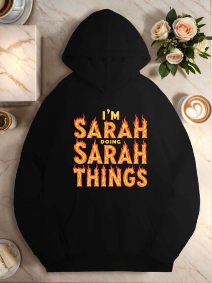 I'M SARAH DOING SARAH THINGS Women's Plus Size Casual Hoodie - Heather Gray with Bold Flame Graphic Print, Kangaroo Pocket, Ribbed Cuffs & Hem, Machine Washable Autumn Winter Pullover, Cozy Indoor Clothing, Playful Text Design, Nonstretch Fabric