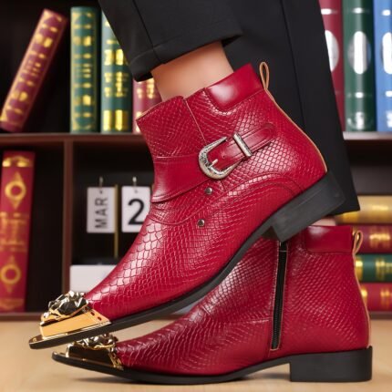 QRLQRL Men's Glossy Black Snake-Light Beige Texture Ankle Boots with Metal Toe Cap & Buckle Closure - Thick Heel, Pointed Toe, Slip-Resistant Rubber Sole - All-Season Formal & Casual Dress Boots for Men - Retro/Minimalist Style, PU/Fabric Lining, Versatile for Parties & Casual Attire, Red Snakeskin Pattern, Chunky Heel, Easy On/Off Design, Durable Rubber Sole, Suitable for All Seasons