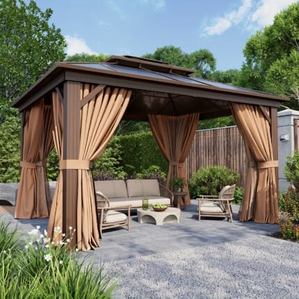 Outdoor Hardtop Gazebo, Polycarbonate Gazebo, 10x12ft Heavy Duty Double Roof Hardtop Gazebo with Aluminum Frame And Privacy Screen And Netting And Curtains for Patios
