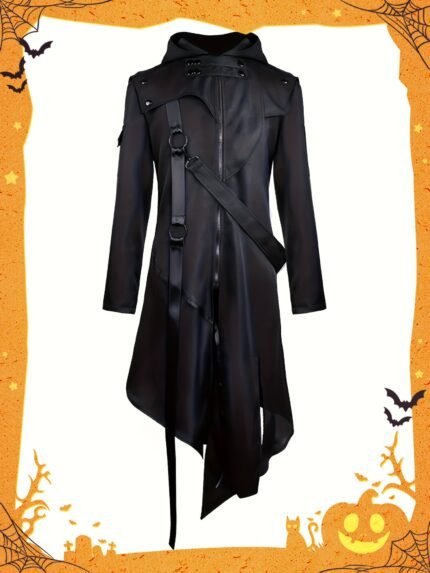 Men's Vintage Gothic Punk Zip-Up Asymmetrical Hoodie Jacket - Long Black Cosplay Costume for Halloween Parties, Role-Play & Themed Events, Halloween Costumes, Themed Event Apparel, Hooded Roleplay Jacket, Detailed Closure System, Nonstretch Material, Alternative Fashion