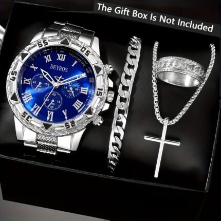 New Stylish Business Men'S Round Quartz Watch + Fashion Accessories Set, Perfect For Gifting To Friends And Family On Occasions Like Valentine'S Day, Easter, Ramadan, Birthdays, And Christmas. Eid Al-Adha Gift Set For Middle Eastern Recipients.
