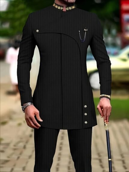 Men'S Casual Long-Sleeved Two-Piece Suit, Mid-Length Top And Trousers