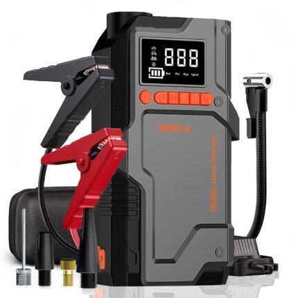 JKUOO Heavy-Duty Car Emergency Starter, Five-in-One Multi-Function Charger with 150 PSI Digital Tire Inflator, LED Flashlight - SOS Rescue Function, Safety Hammer Design, Durable Structure, Suitable for 2.64gal Gasoline or 2.38gal Diesel Models, Includes Various Adapters | Emergency Vehicle Tool | High-Visibility Orange | Storage Box
