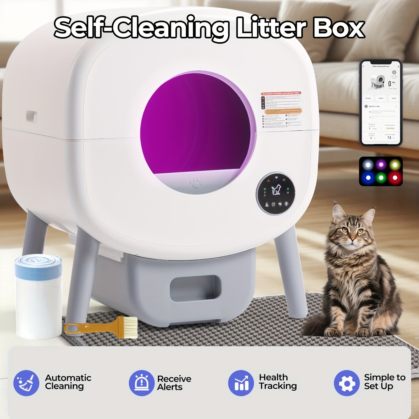 40526fb7-85ef-41c6-9243-65522c398633-1.jpg Self Cleaning Cat Litter Box With Garbage Bags - Extra Large Automatic Litter Box For Multiple Cats With Mat - Odor-Free Waste Disposal Litter Robot With App Control Ambient Light - Image 1