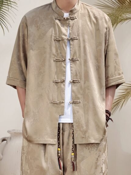 Men'S Chinese Tang Suit Traditional Costume - Beige/ Vintage Button-Up Shirt with Stand-Up Collar, Three-Quarter Sleeves, Non-Stretch Fabric for Cultural Events, Martial Arts, Themed Parties - Formal Chinese Attire, Chinese Traditional Dress Tang Suit, Martial Arts Attire, Ethnic Pattern Design, Authentic Detail Craftsmanship, Historical Reenactment, Retro Fashion, Durable Material, History Enthusiasts