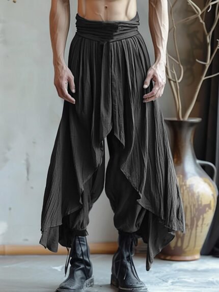 Men'S Casual Loose-Fit Olive Green Cargo Pants with Elastic Waistband - Layered Design, Drawstring Waist, Non-Stretch Fabric, Perfect for Daily Wear & Outdoor Activities, Outdoor Pants | Layered Waistband Pants | Nonstretch Fabric