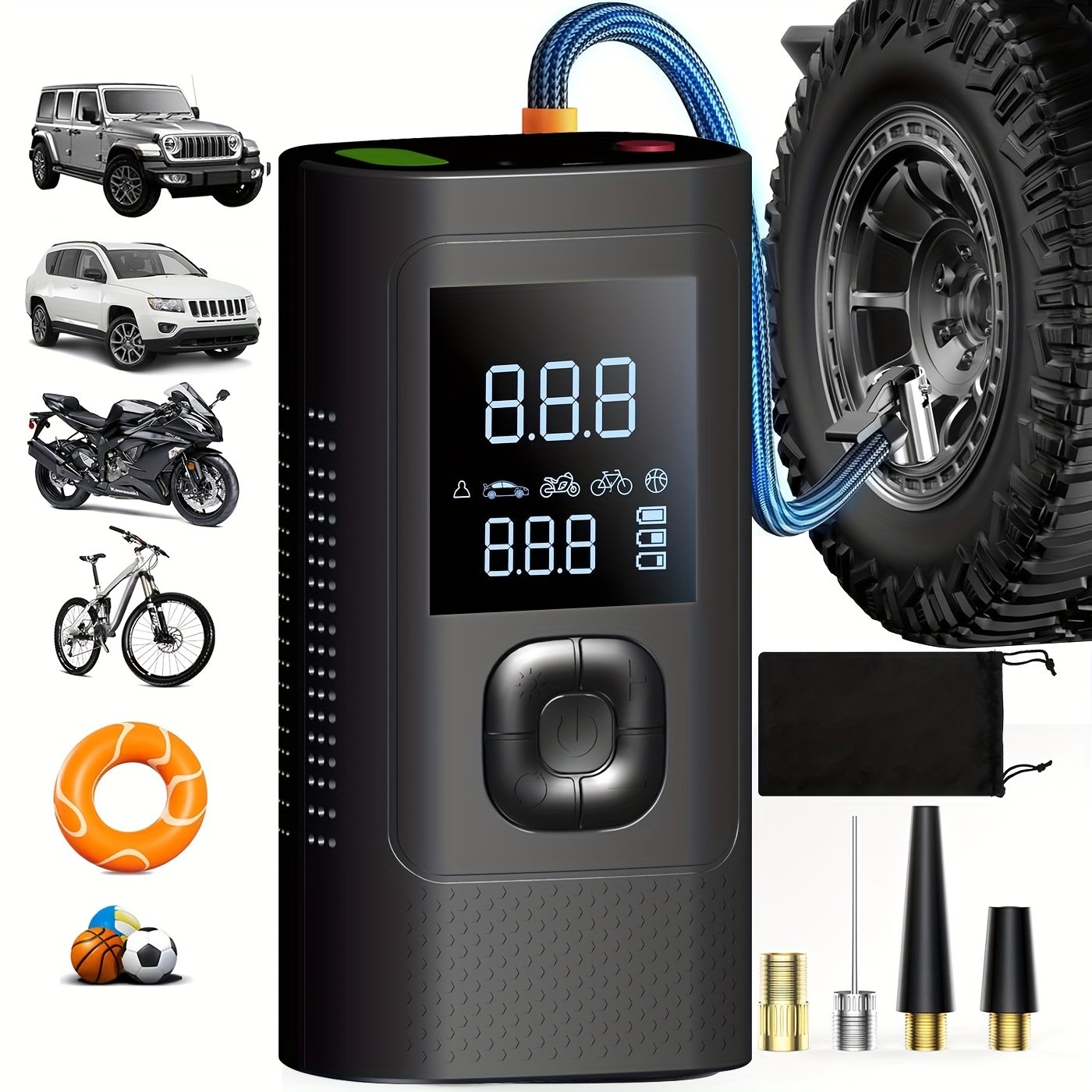 41b5b7e6-4b77-440f-9b63-62a13b47d8c7.jpg 150PSI Cordless Portable Tire Inflator with Digital Gauge & LED Light, USB-C Rechargeable Air Compressor - Fast Inflation for Cars, Bikes, Motorcycles, Sports Equipment, Basketballs, Soccer Balls & More, Tire Inflator Portable, Outdoor Travel Tool - Image 1