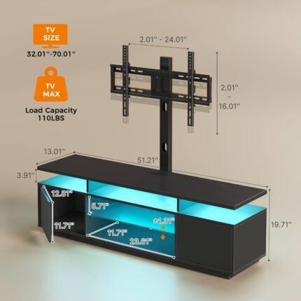 Modern LED TV Stand with Rotating Base & Built-In Power Strip - Spacious Storage Shelves, Fits TVs Up to 70", Space-Saving Design with Cord Management, Hardwood/Metal Construction for Home Theater/Bedroom, Floor-Standing Media Console (US Plug)