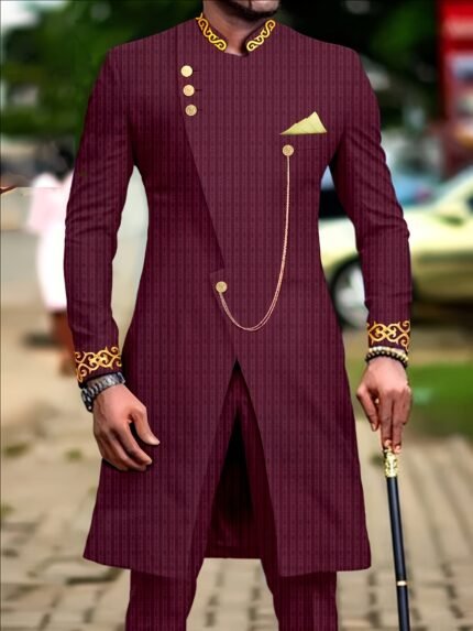 Men'S Casual Long-sleeved Two-piece Suit, Mid-length Top And Trousers