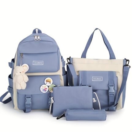 4pcs/ set Simple Casual Backpack Large Capacity Schoolbag Travel Bag Canvas Shoulder Bag, For Teenager