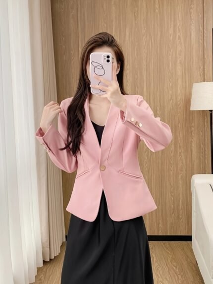 Pink Women's Elegant Open-Front Blazer - Versatile Office Jacket with Long Sleeves, Button Details, and A-Line Cut, Perfect for Work or Casual Outfits, Spring Outerwear | Chic Feminine Blazer | Singlebutton Closure